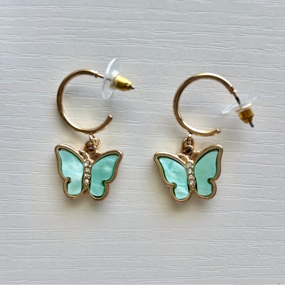 Gold Hoop Earrings with Mint Mother of Pearl Butterfly 🦋 Charms